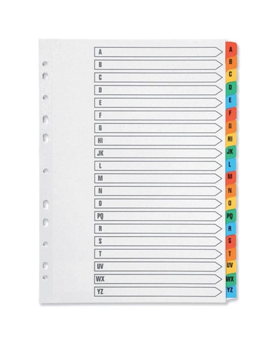 A4 Multicoloured Mylar A-Z Dividers -  20 Part